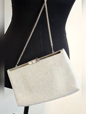 Silver Glitter Clutch Evening Bag Chain Strap Wedding Formal Purse